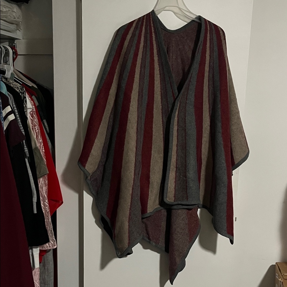 Striped Poncho in Red and Gray